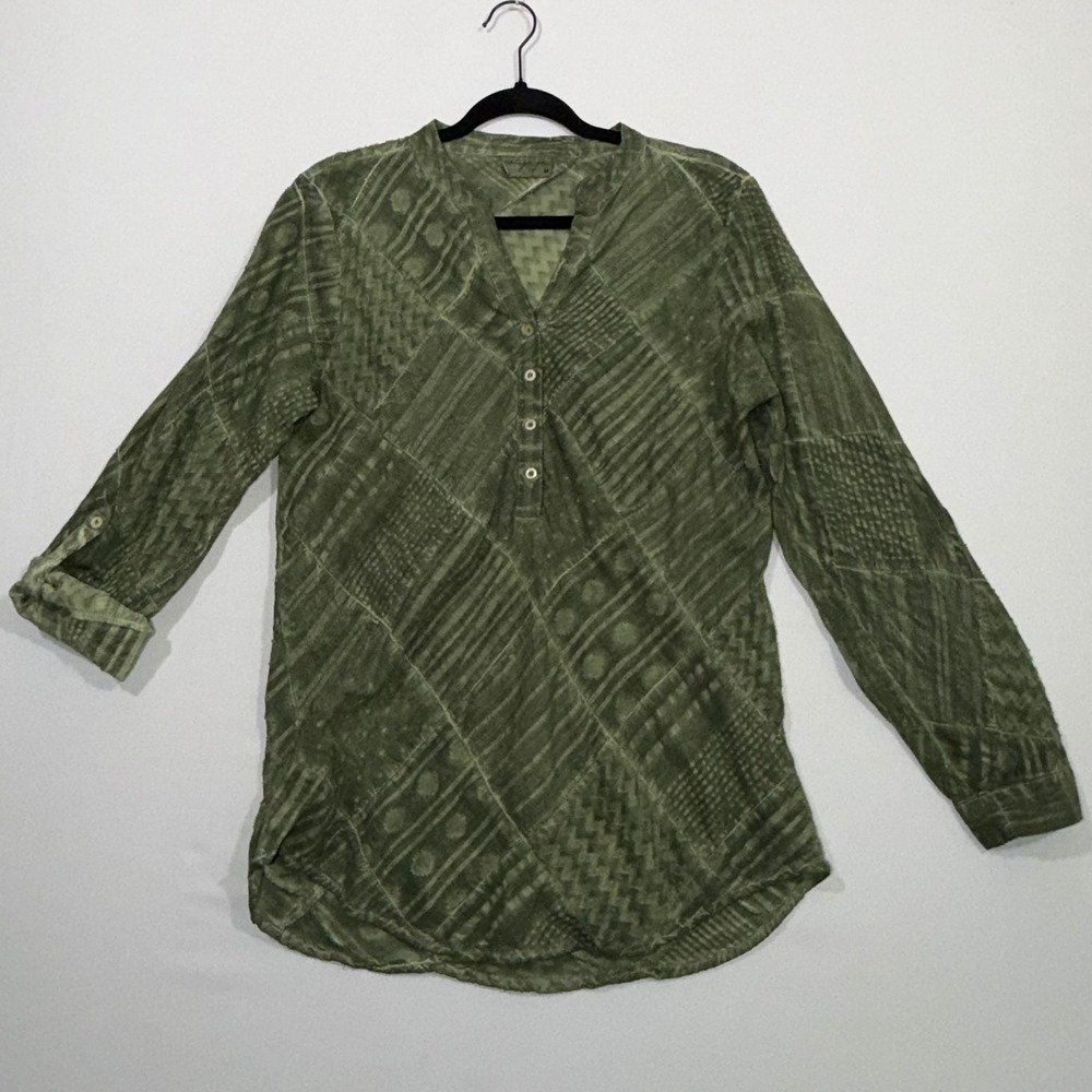 Vintage Goa Blouse Womens M Green Cotton Patchwork Burnout Henley Tunic Boho